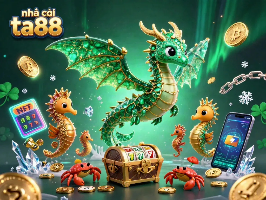 Engage with the vibrant realm of nhà cái ta88 featuring a majestic sea dragon and treasure chest amidst dynamic gambling elements.