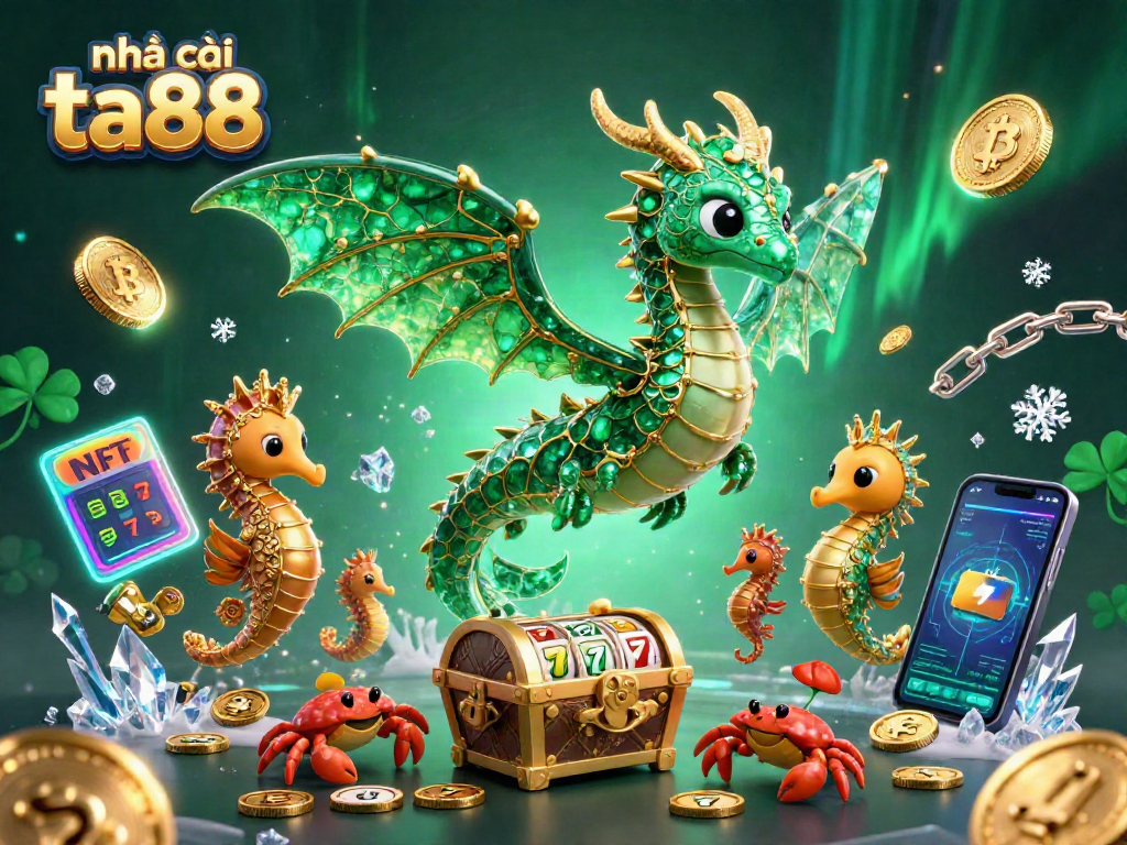 Engage with the vibrant realm of nhà cái ta88 featuring a majestic sea dragon and treasure chest amidst dynamic gambling elements.