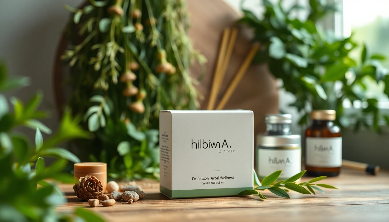 Hilma biocare products beautifully arranged with fresh herbs on a wooden surface.