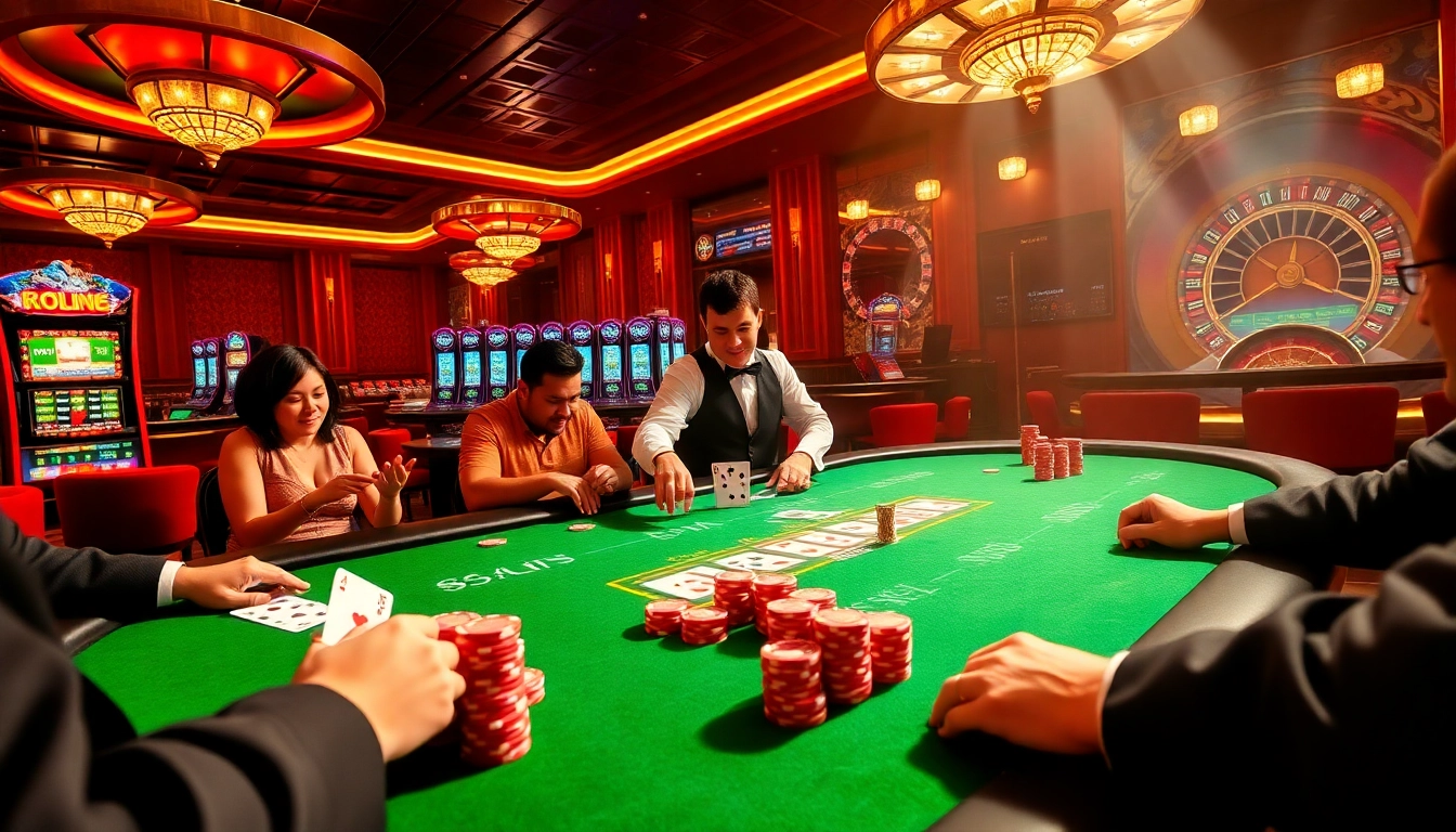 Experience the thrill of 88i game with vibrant casino visuals showcasing poker action and slot machines.