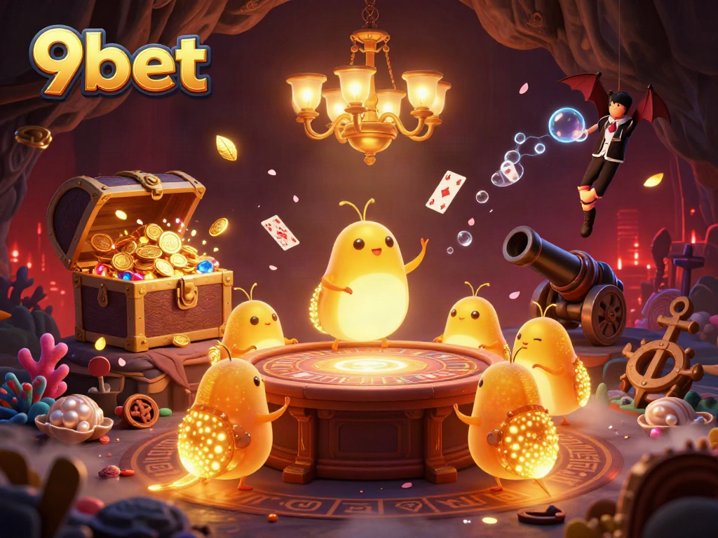 Experience the excitement of 9bet with vibrant creatures lighting up a dynamic casino scene filled with treasures.