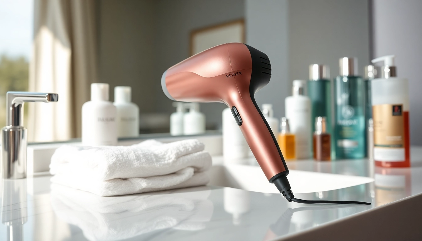 Laifen haartrockner auf einem modernen Schminktisch mit luxuriösen Haarpflegeprodukten.