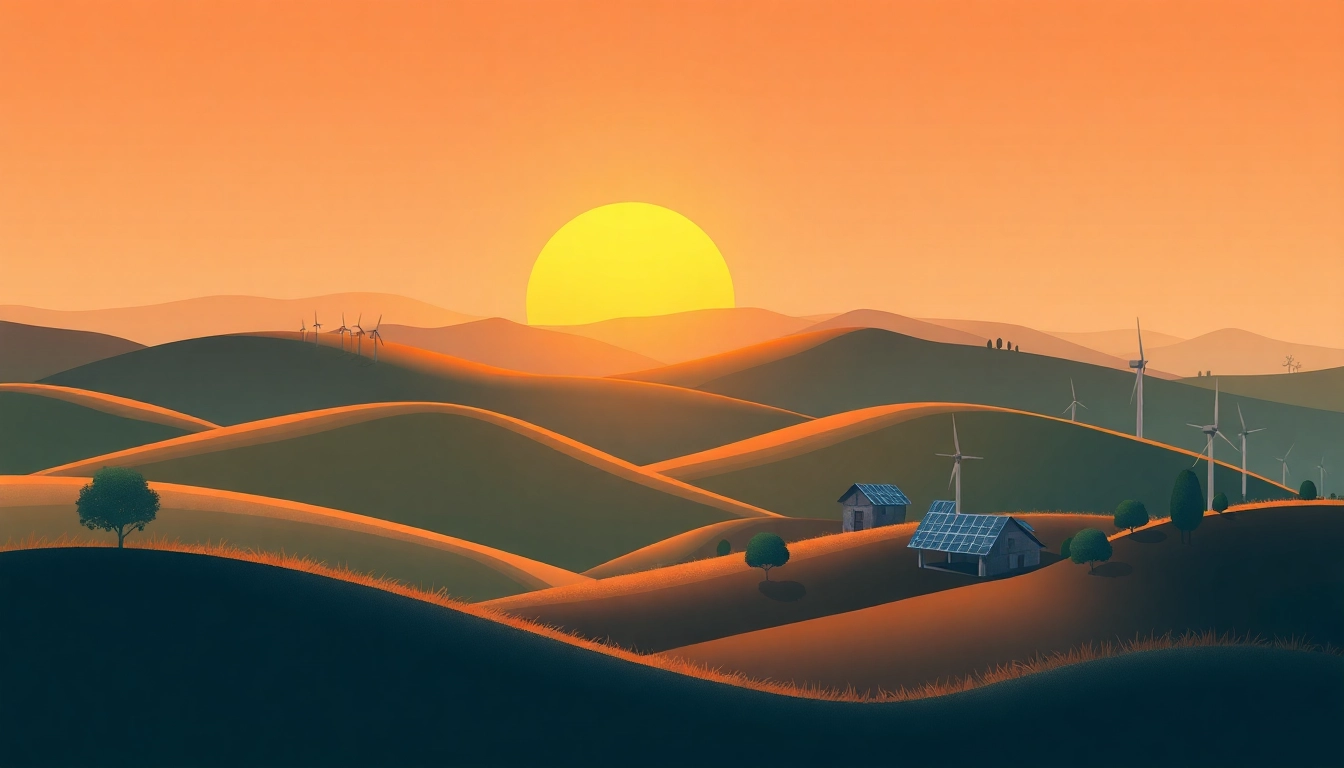 Visual representation of Klima influences in nature, highlighting renewable energy amid tranquil landscapes.