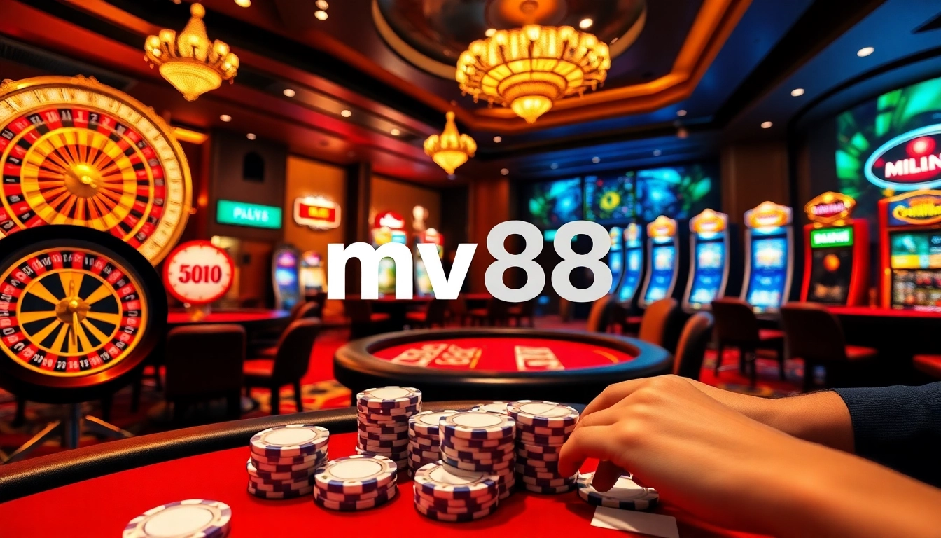 Gamble at mv88 with vibrant poker chips and roulette wheels in a luxurious casino.