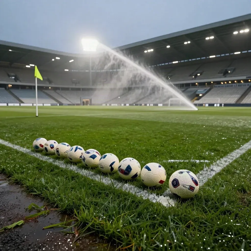 Leerer DFB-Trainingsplatz im Regen, nasse Rasenfläche, Bälle und Eckfahnen im Flutlicht