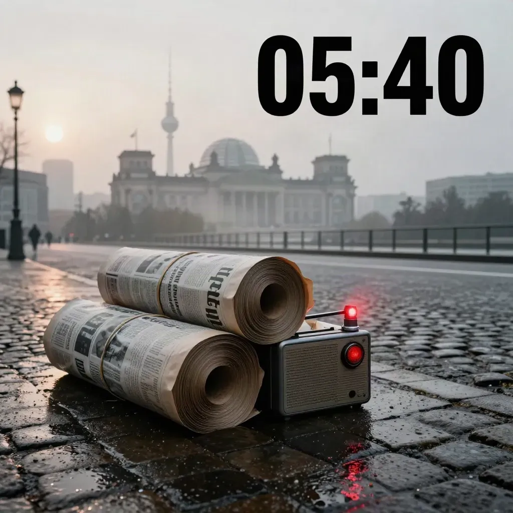 Rollbündel, Radio und Warnleuchte vor Berlins Silhouette im Morgennebel.