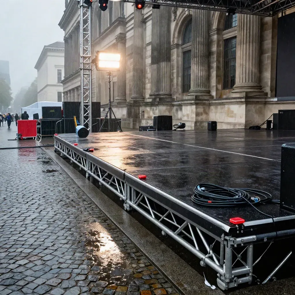 Leere Wahlkampf-Bühne im Regen vor dem Berliner Rathaus mit nassem Absperrgitter.