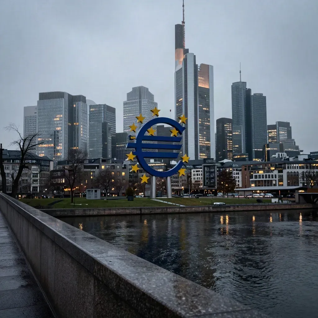 Frankfurter Bankentürme und Euro-Skulptur an der Mainbrücke im Abendlicht
