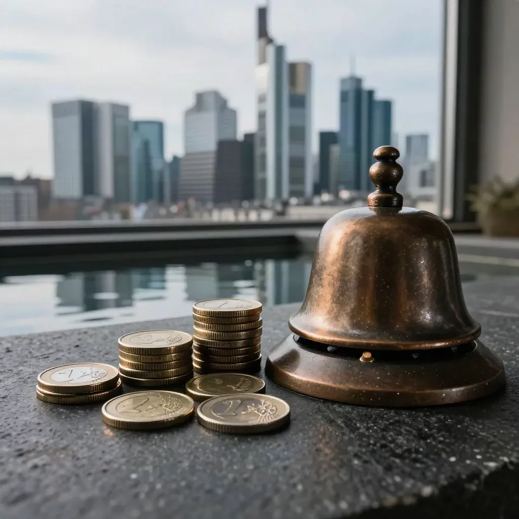 Euro-Münzen und eine Marktglocke vor der verschwommenen Frankfurter Skyline im dunklen Wasser