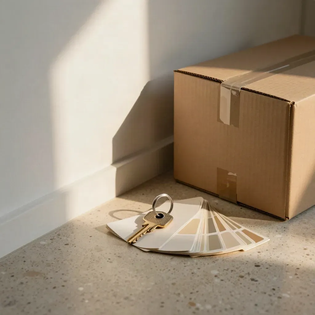 Schlüsselring, Farbmuster und Umzugskarton im leeren Mietzimmer mit frischer Wandkante.