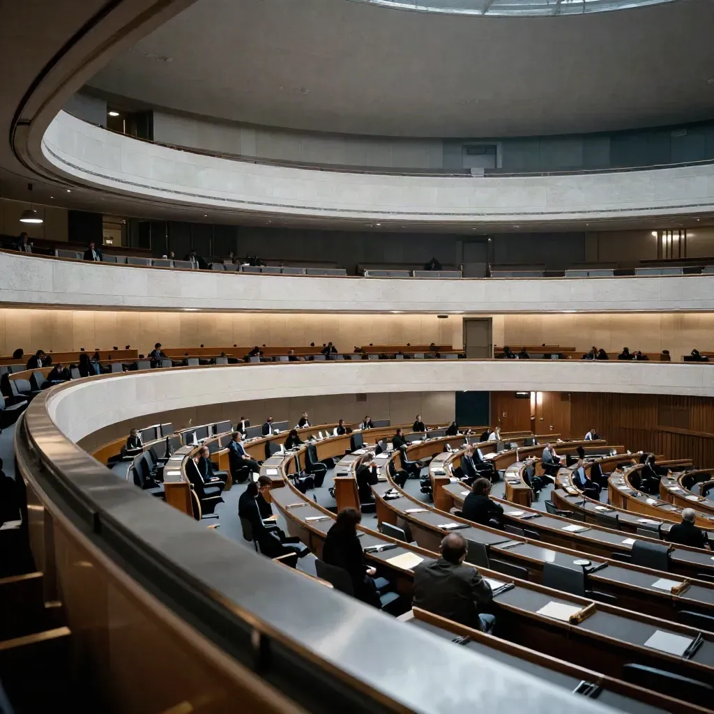 Blick in den Plenarsaal des Bundestags von oben mit leerer Galerie und gedämpftem Licht