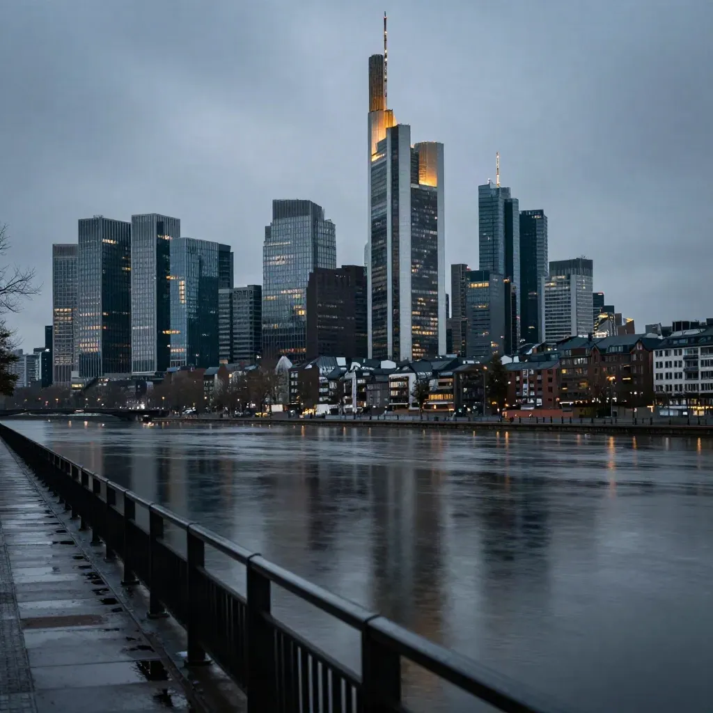 Frankfurter Banktürme am Main bei Dämmerung, mit nassen Spiegelungen im Regen