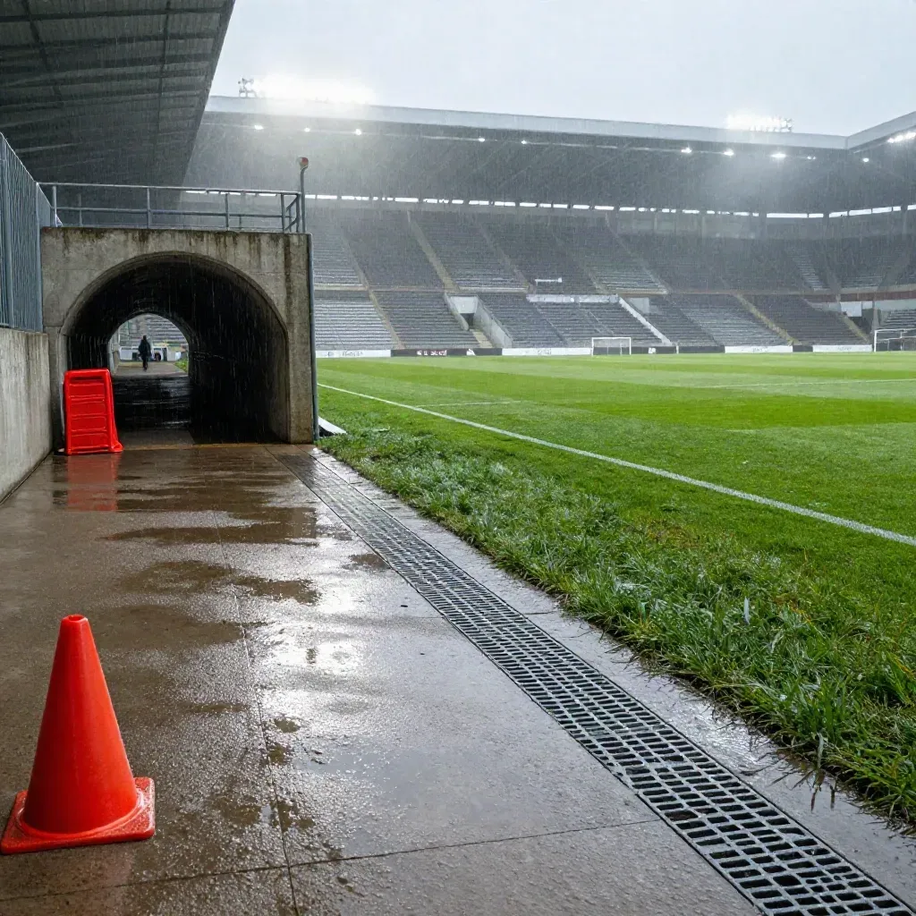 Nasses Stadiontunnel in Köln mit Flutlicht und glitzerndem Rasen im Regen