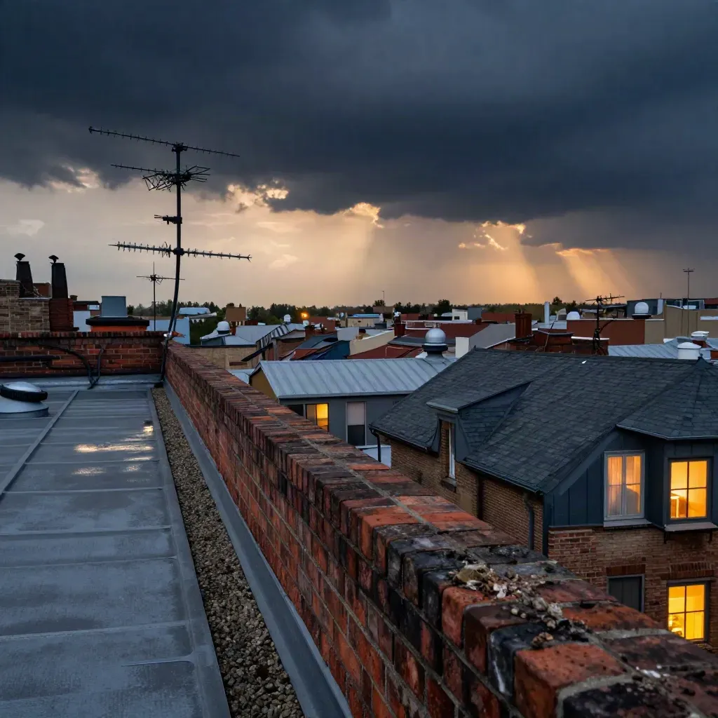 Dachblick auf Antennen und Gewitterwolken über der Stadt bei Abendlicht.