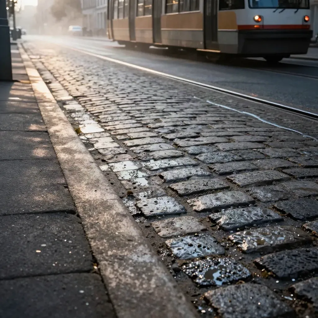 Nahaufnahme von nassen Kreuzberger Pflastersteinen und Tramgleisen im Morgengrauen mit Dampf