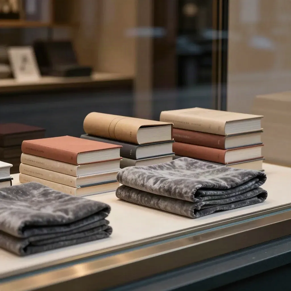 Schaufenster eines Theaters mit Büchern, Posterröhre und leuchtendem Sitzstoff im warmen Licht.