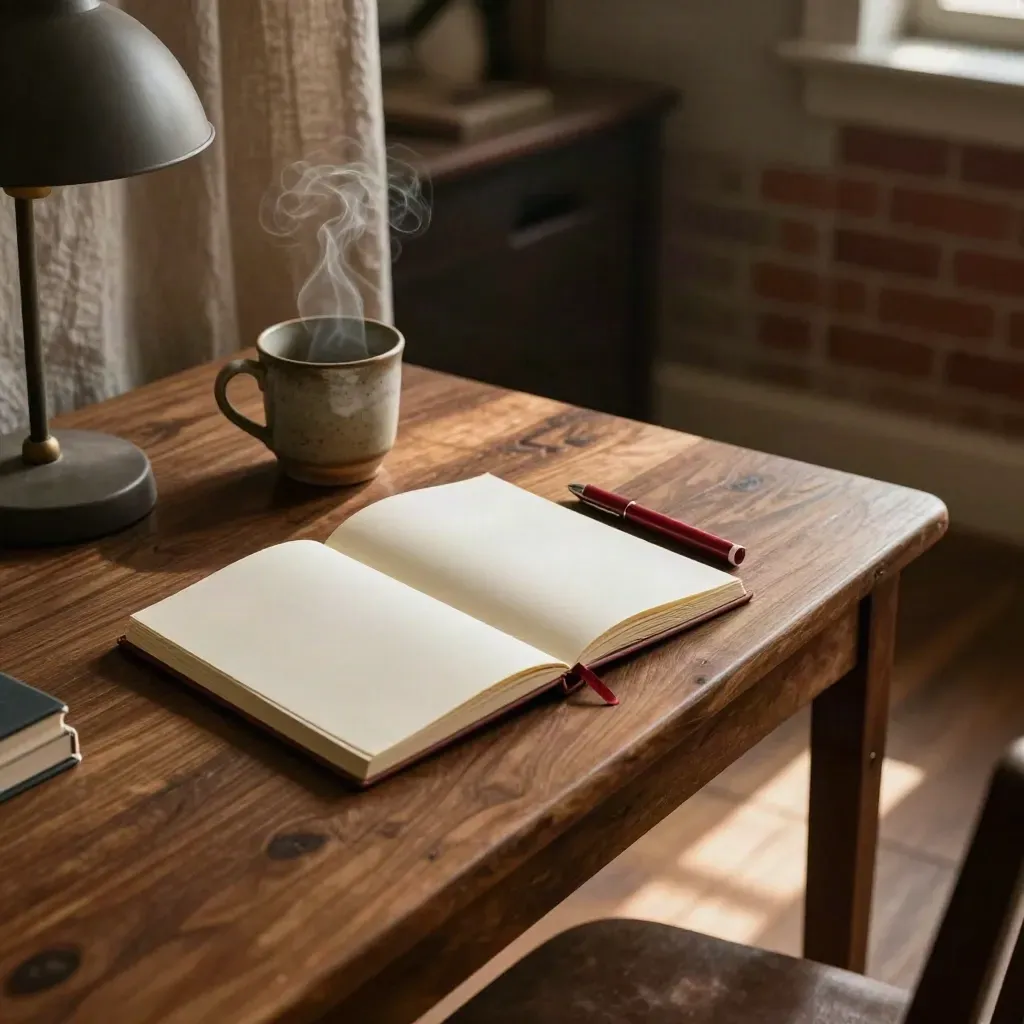 Schreibtisch mit offenem Notizbuch, dampfender Tasse und Schattenspiel im warmen Abendlicht