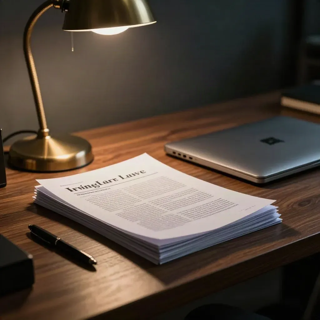 Nachrichtenstapel unter Glasgewicht neben Laptop und Schreibtischlampe im Abendlicht