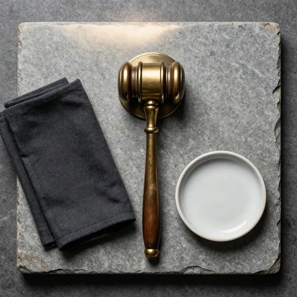 Messing-Gavel, dunkles Tuch und Keramikschale auf Steinplatte, von oben.