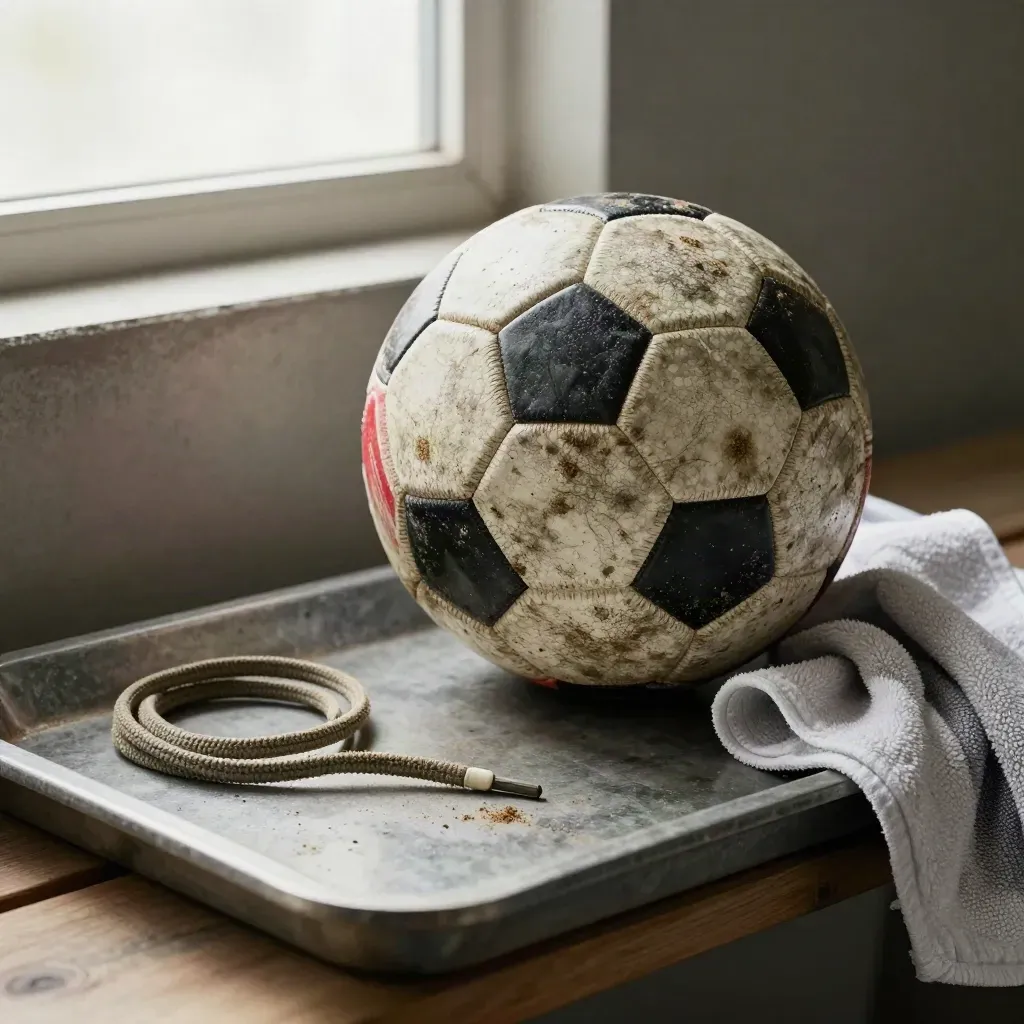 Abgenutzter Fußball, Schnürsenkel und Handtuch auf einer Steinbank im Umkleideraum
