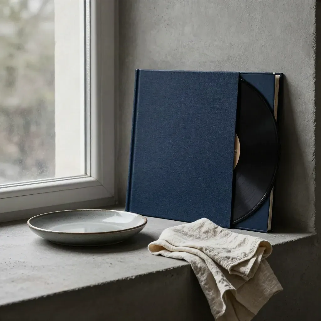 Schallplatte, Buch und Keramikschale auf einer Betonshelf im Fensterlicht.