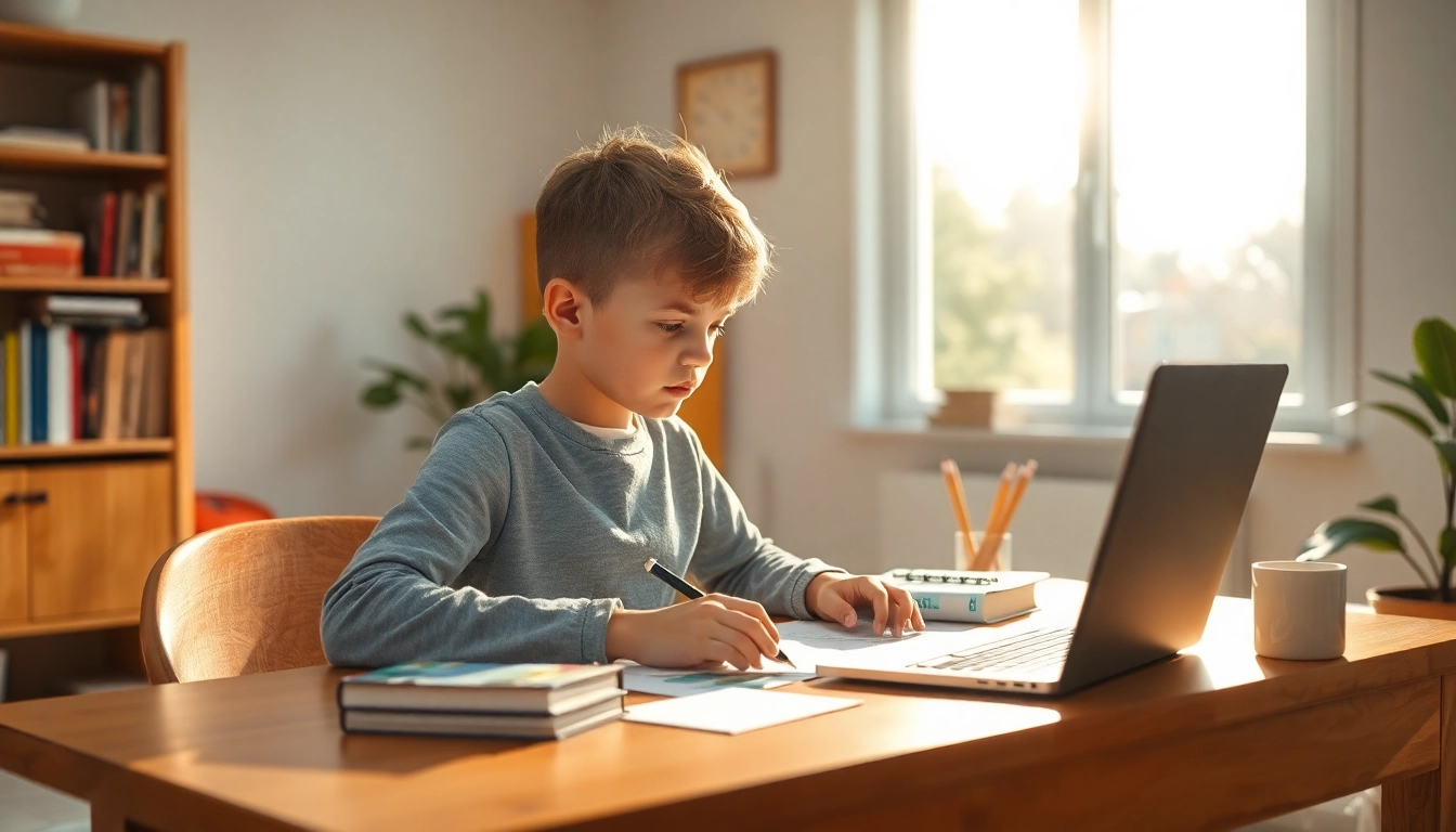 Ein Kind arbeitet an einem Tisch, umgeben von Schulmaterialien für den Heimunterricht, das Licht strömt durch ein großes Fenster und erzeugt eine einladende Lernatmosphäre.