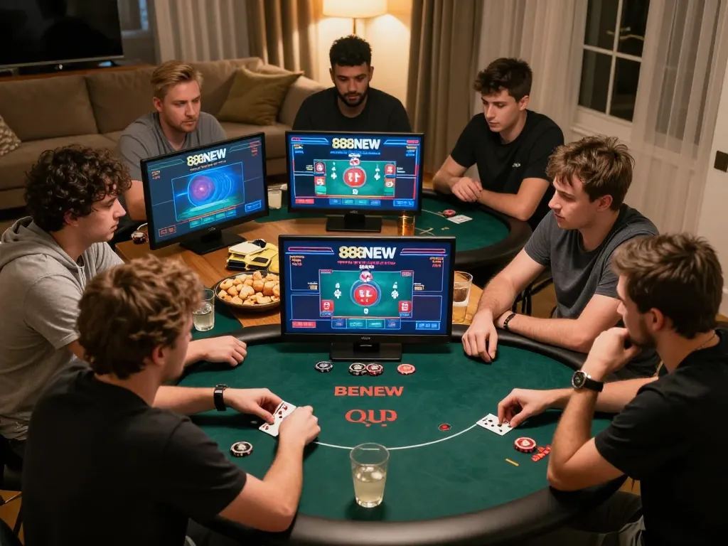Engaging online poker session at home on 888NEW platform, players strategizing with drinks and snacks