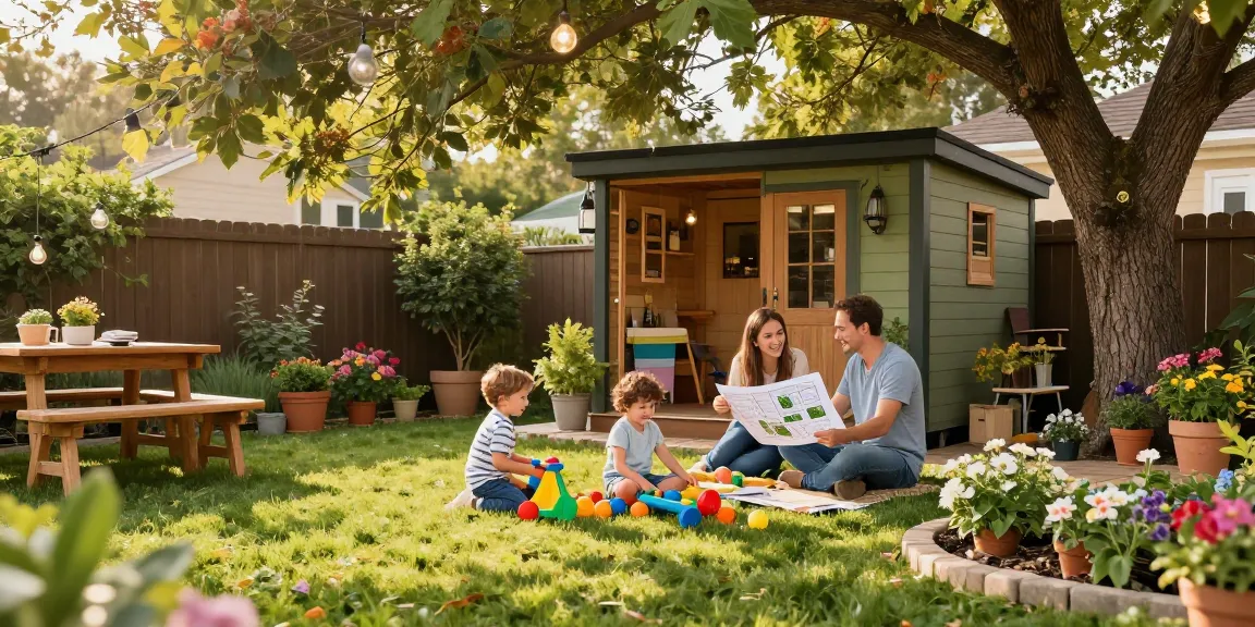 Gartenhaus kaufen: Familie entspannt im Garten um ein neues Gartenhaus, sonnige Atmosphäre und blühende Pflanzen.