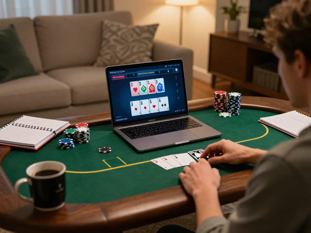 Engaged player exploring keonhacaii online poker game on a laptop in a cozy living room setting.