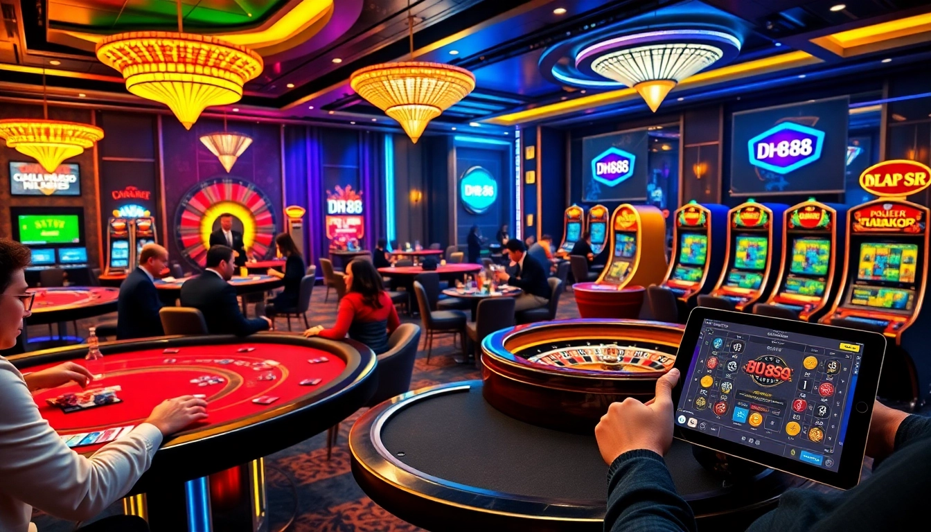 Engaging players at DH 88 casino tables with professional dealers and vibrant gaming action.