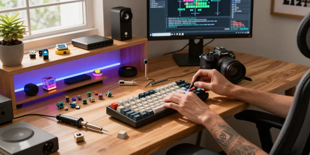 H60 case for Wooting displayed in a tech workspace with keyboard assembling tools and vibrant keycaps.