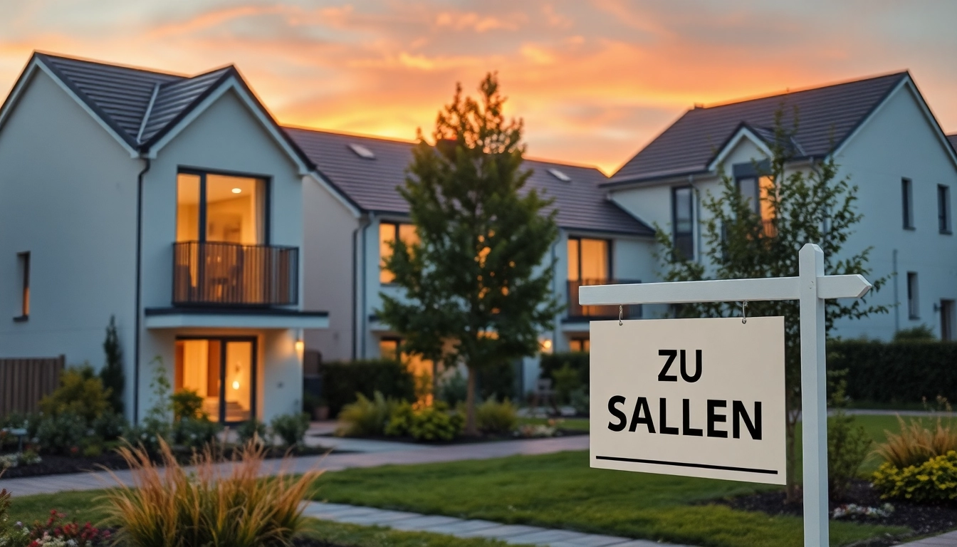 Kaufen Sie Ihr Traumhaus: modernes Einfamilienhaus in einem schönen Garten mit 'Zu Verkaufen'-Schild.