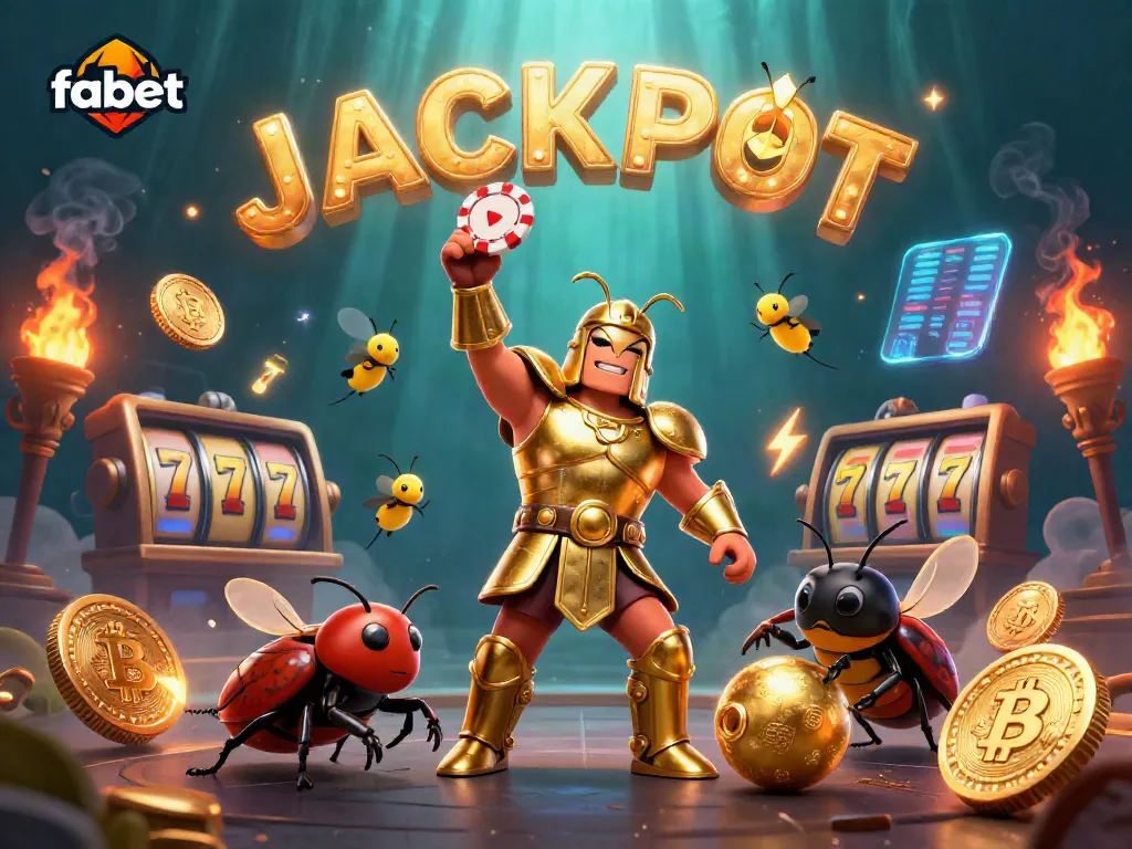 Win big at fabet with a victorious beetle and dynamic casino elements spelling JACKPOT.