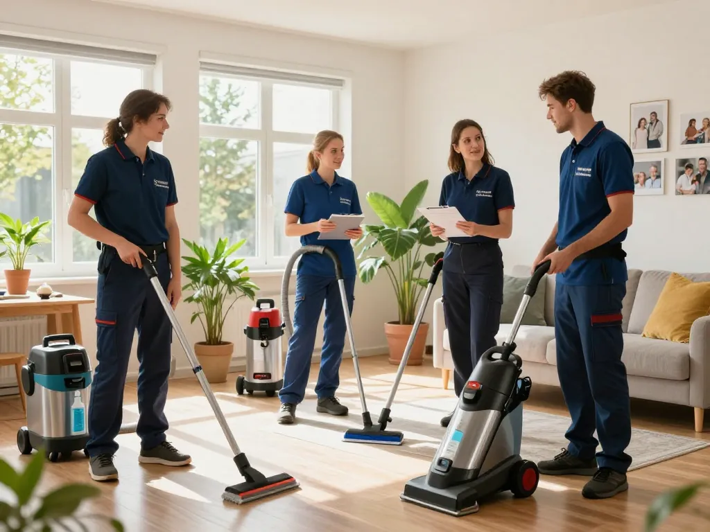 Reinigungsservice in Münster durch ein professionelles Reinigungsteam in einem hellen Wohnzimmer, das auf sorgfältige Sauberkeit und Detailgenauigkeit achtet.
