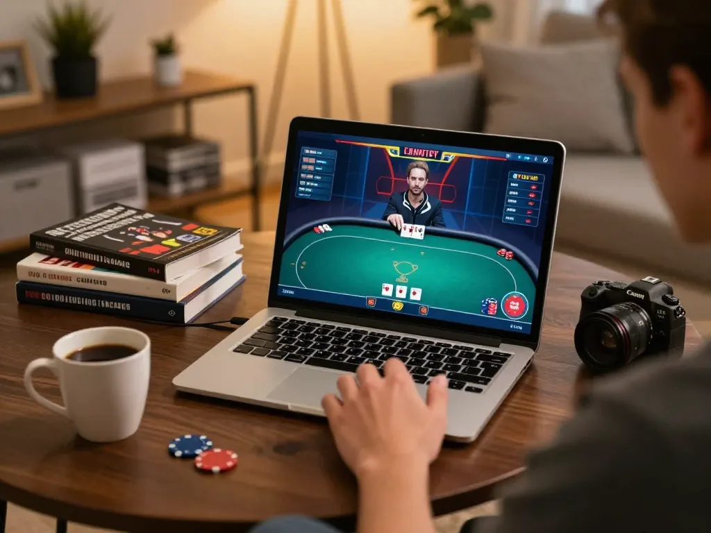 Play poker online at mb668.co in a cozy home setting with strategic notes visible.