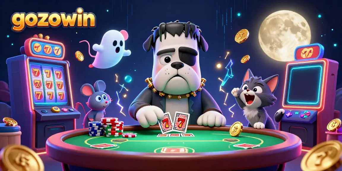 Experience the thrill of gozowin with a whimsical 3D scene featuring a Frankenstein bulldog dealing cards at a glowing poker table.