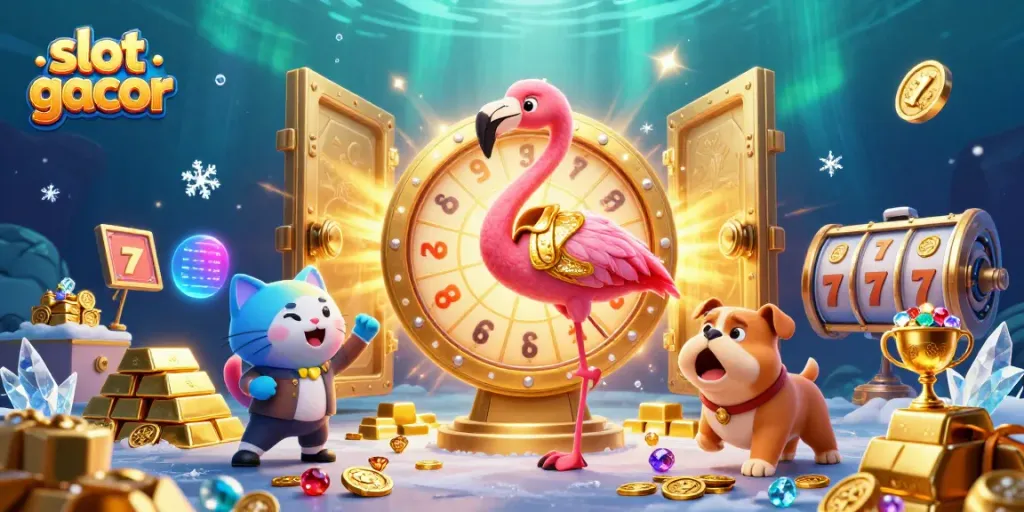 Engage with slot gacor games featuring a flamingo host, bulldog contestant, and treasure-filled background.