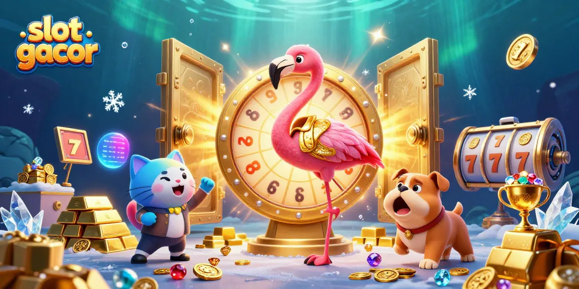 Engage with slot gacor games featuring a flamingo host, bulldog contestant, and treasure-filled background.