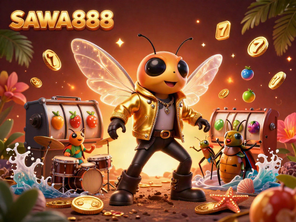 Experience vibrant excitement with SAWA888's lively slot games, featuring a rock star cicada and dynamic casino elements.