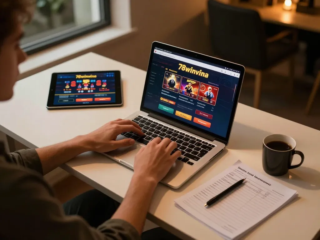 Engaged player using 78winvina platform for strategic online gambling with focused atmosphere.