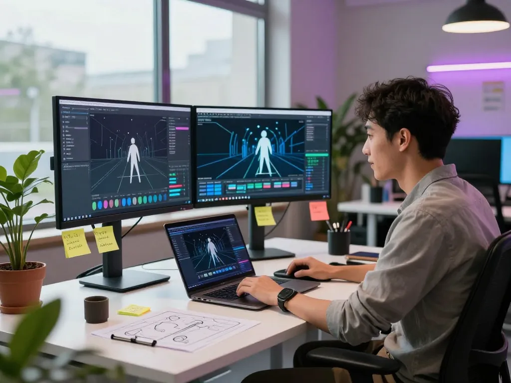 Creative developer utilizing motion control ai in a tech workspace with dual monitors displaying animation data.