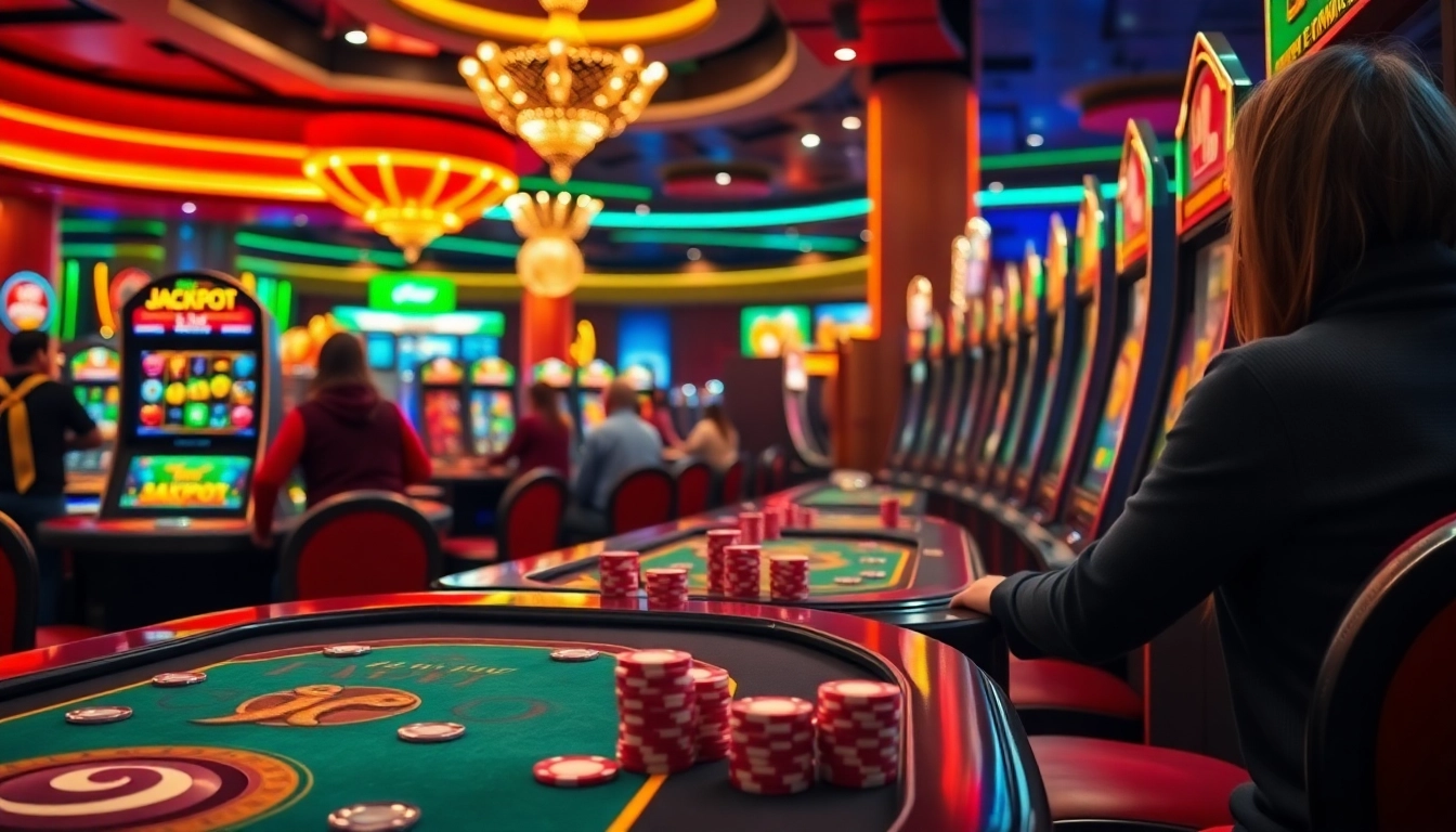 Engaging players enjoying the thrilling game nổ hũ at vibrant slot machines in a luxurious casino.