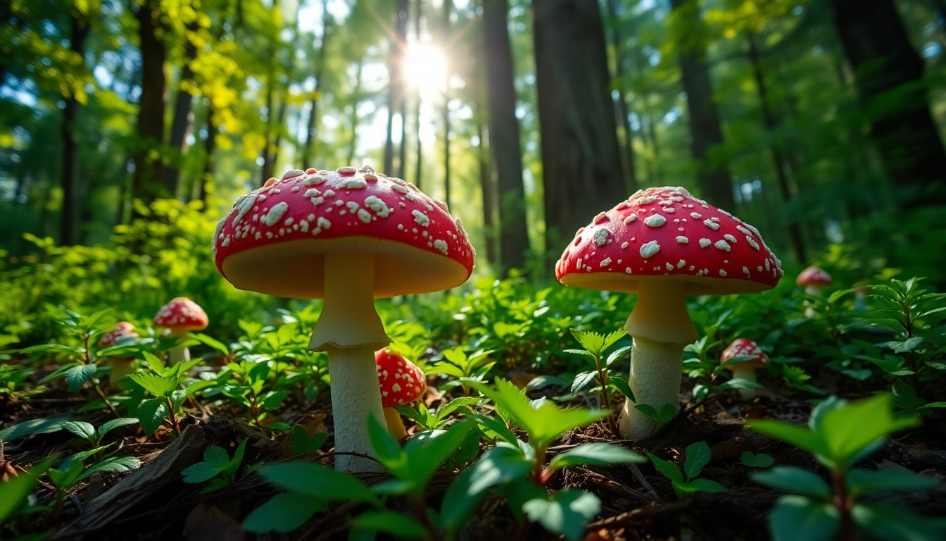 Amanita muscaria kaufen: Getrocknete Fliegenpilze umgeben von üppigem Waldgrün.