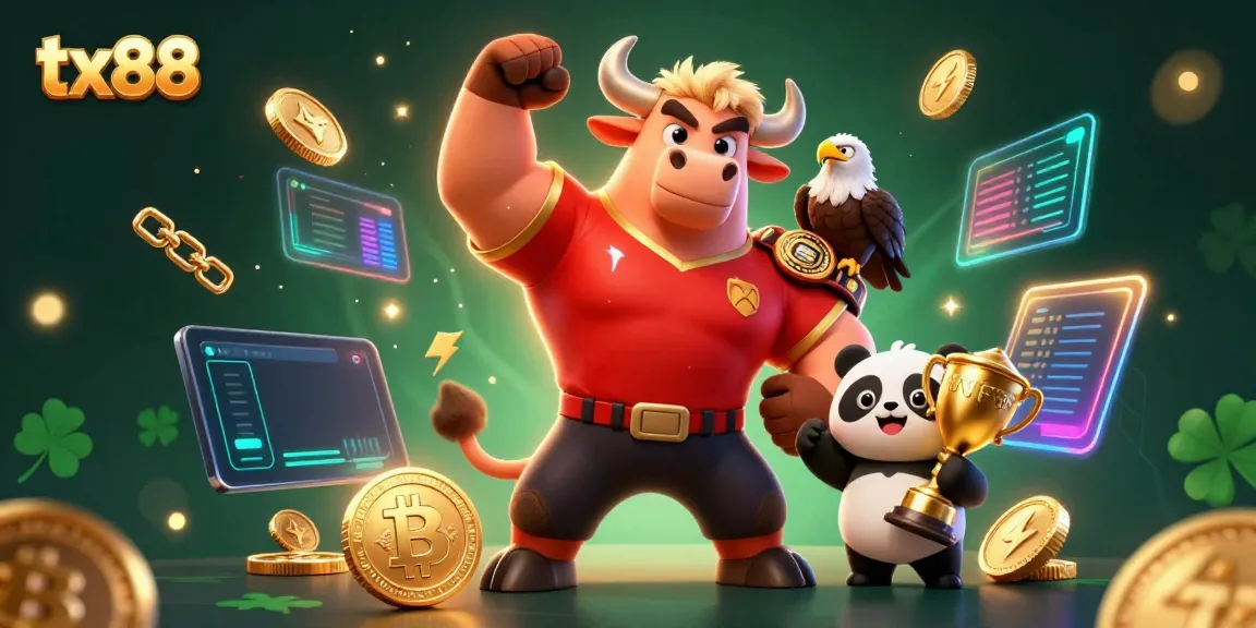 Win big at tx88 with a festive scene of mascots celebrating gaming success and cryptocurrency winnings.