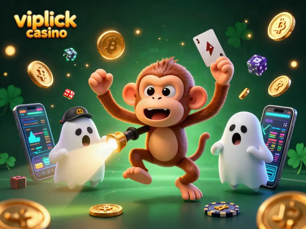 Experience the excitement of vipluck casino with a lively 3D illustration of a mischievous monkey juggling gold in a haunted setting.