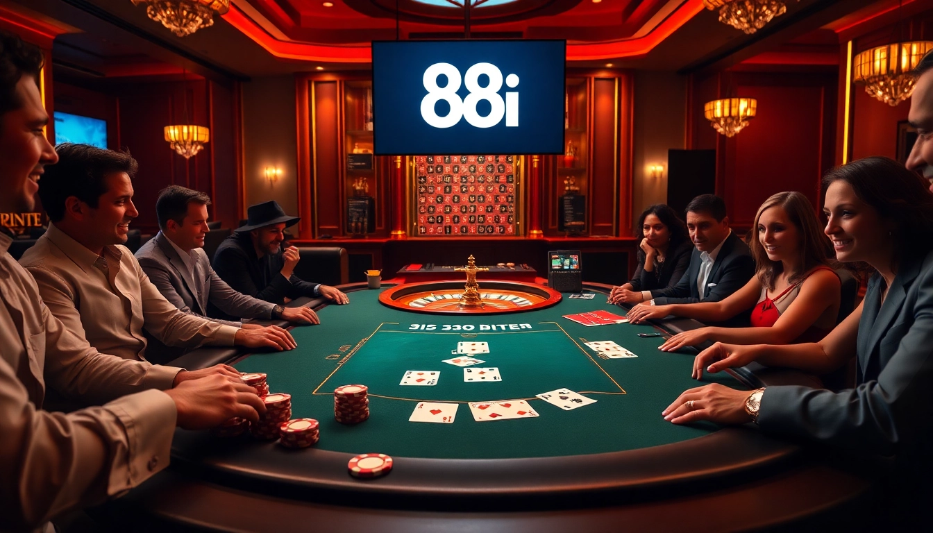 Players enjoying a thrilling blackjack game at 88i casino, surrounded by vibrant chips and cards.