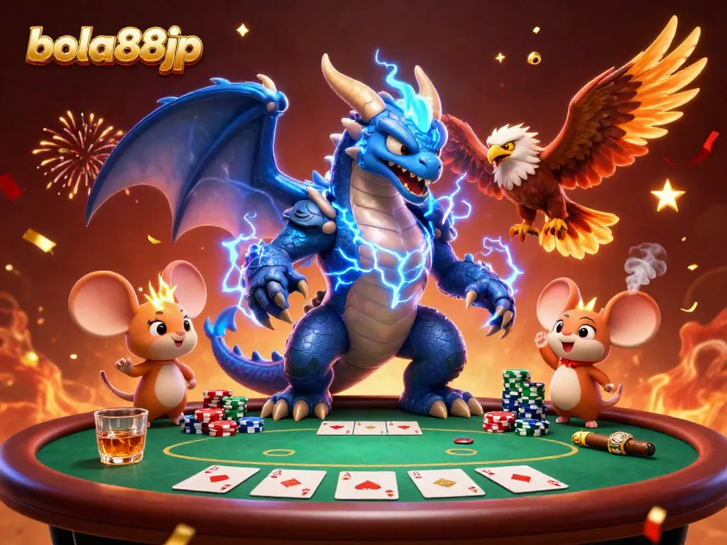 Engage in thrilling action with bola88jp, featuring dynamic scenes of poker and festive elements.