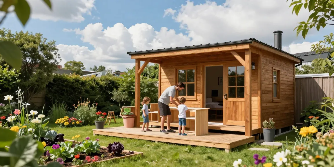 Ein modernes Gartenhaus aus Holz in einem grünen Garten mit einer Familie, die Möbel auf der Terrasse arrangiert und die Kinder im Garten spielen.