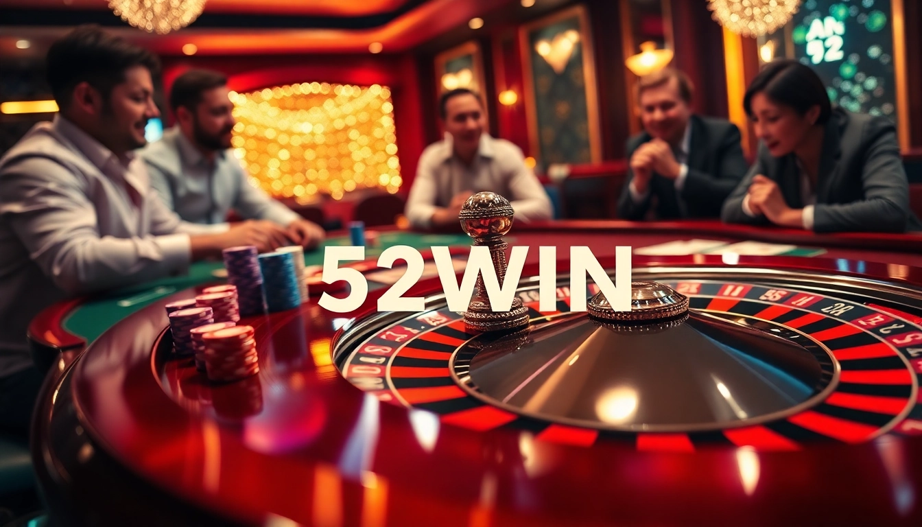 Players enjoying a high-stakes game at the luxurious 52WIN casino table, surrounded by poker chips and cards.