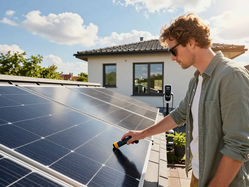 Photovoltaik Wien Hausbesitzer inspiziert energieeffiziente Solarpanels auf dem Dach.